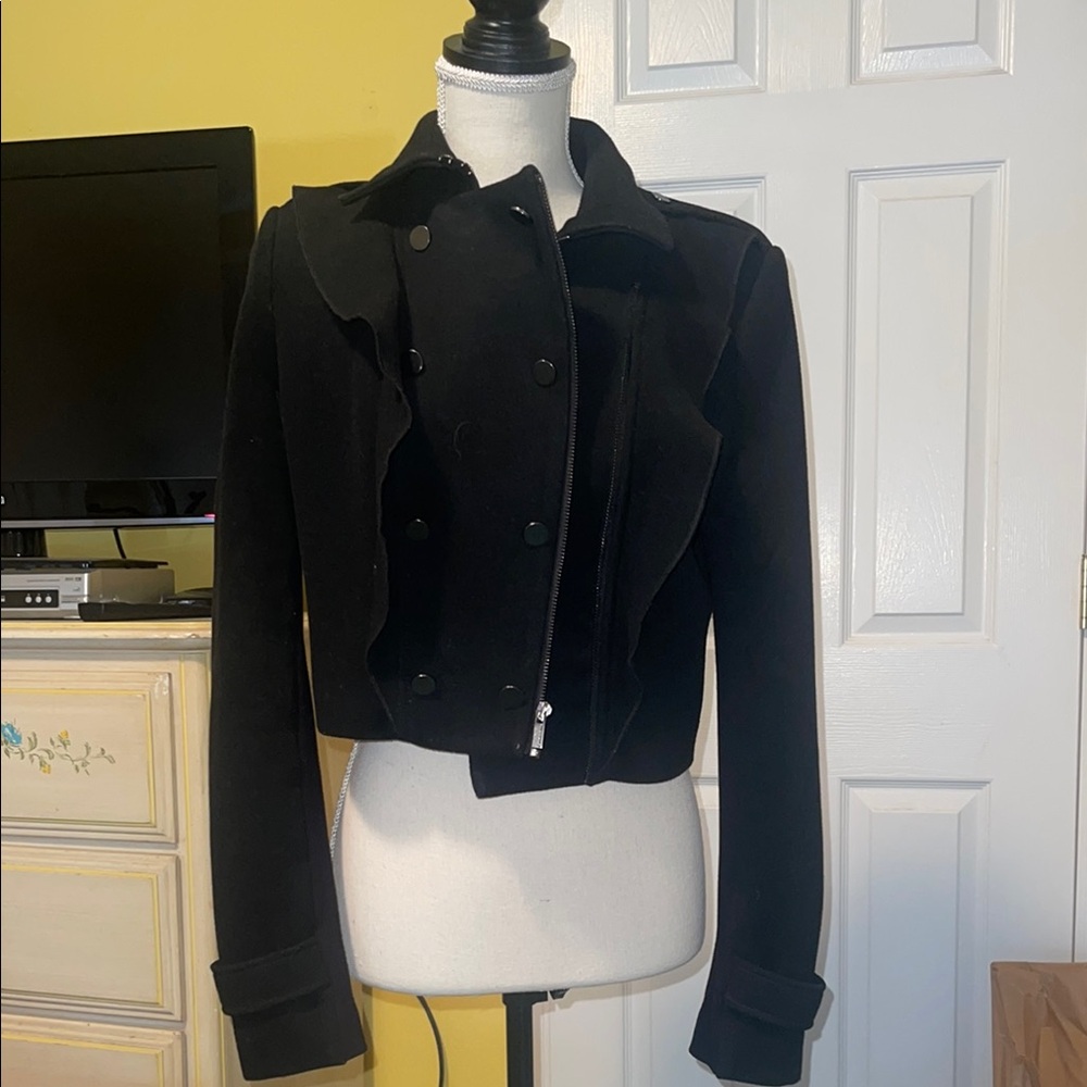 BCBGMAXAZRIA Fay Cropped Ruffle Double Breasted Jacket - Small